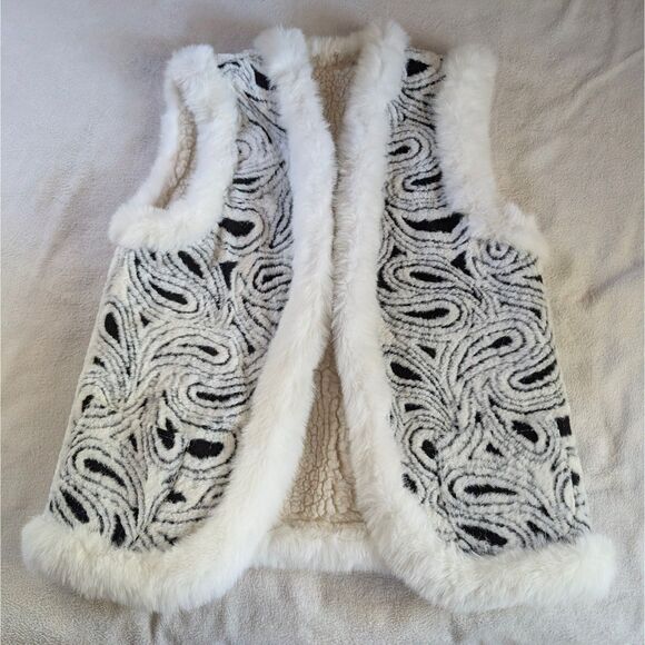 Vintage Shearling Swirl Patterned Vest Women's 3XL Black White Fur Wool Fleece - Picture 2 of 8